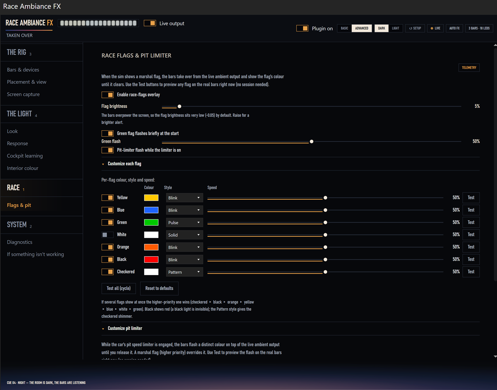 Advanced mode, Race flags and pit limiter: per-flag colour, style and speed settings, each with a test button