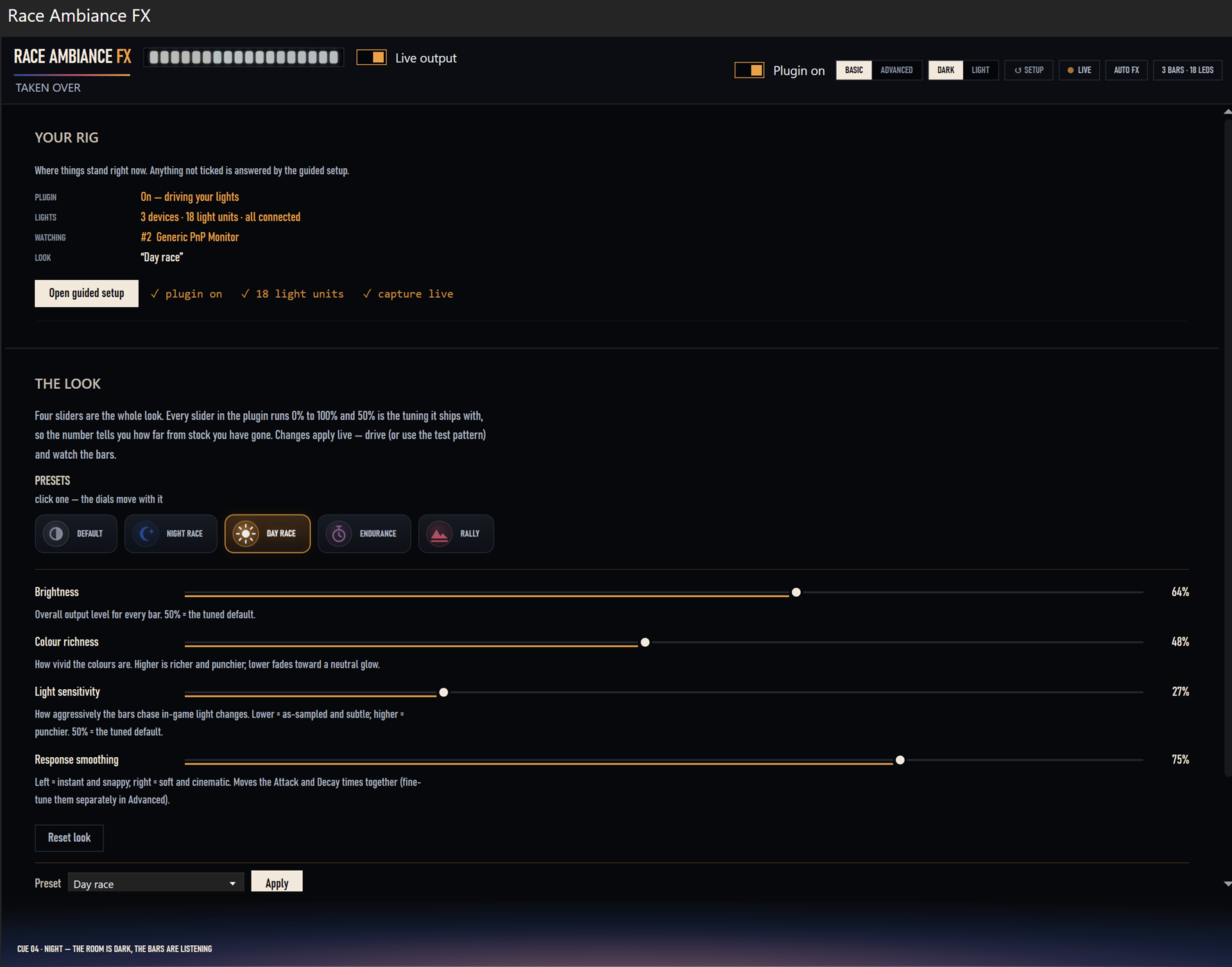 Race Ambiance FX in Simple mode: rig status with guided setup, five presets, and four sliders for brightness, colour richness, light sensitivity and response smoothing